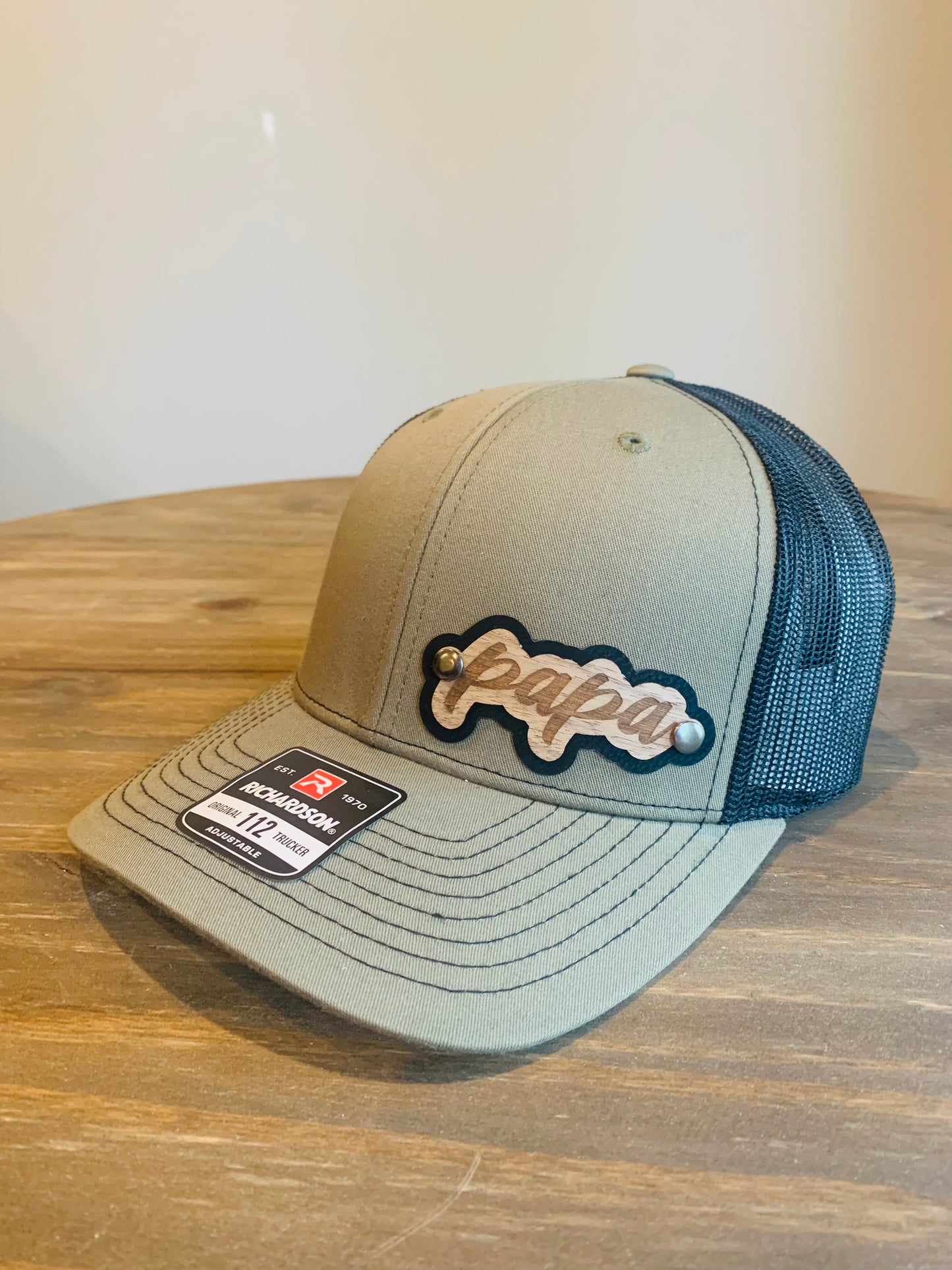 Custom Name Patch Hat - Wood and Leather - Richardson 112 Hat