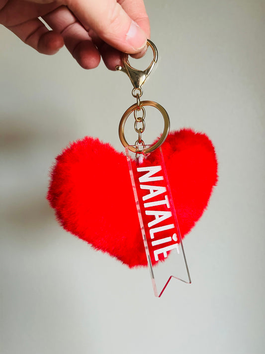 Heart Pom Keychain with Name